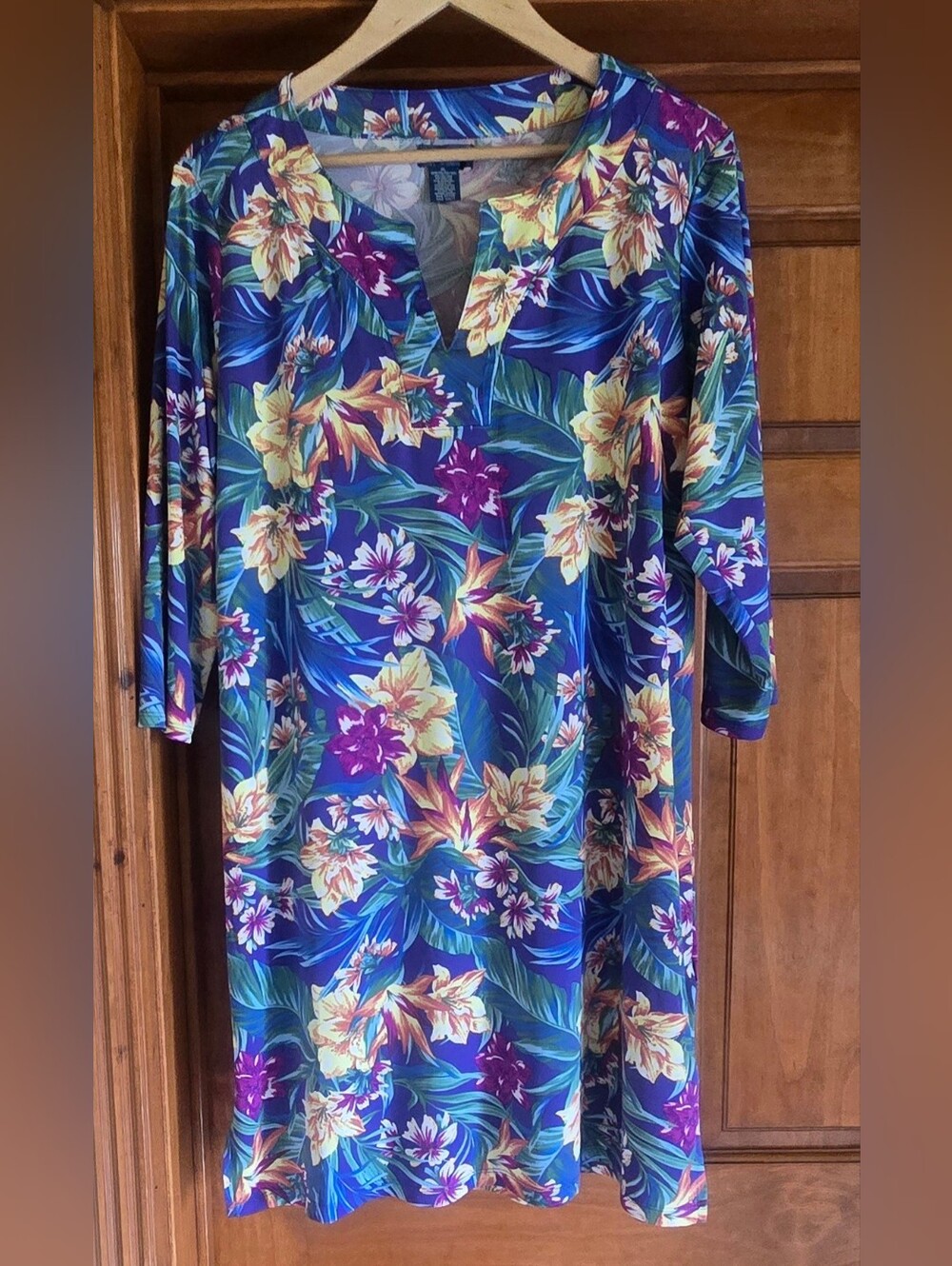 Caribbean Joe Blue Floral Tropical Midi Shift Dress